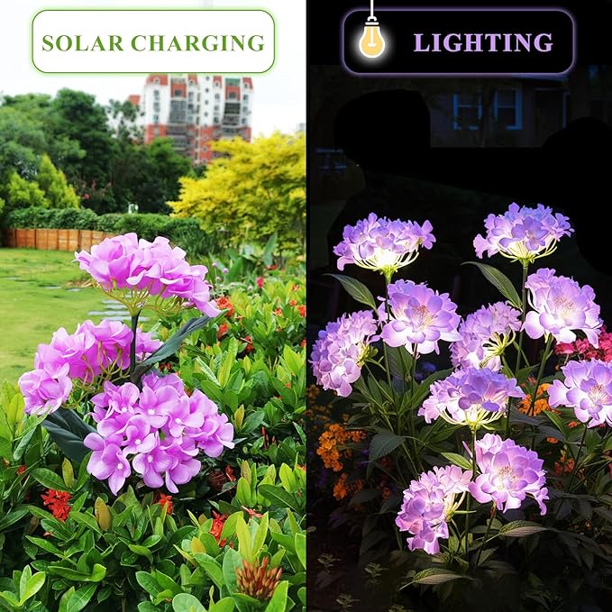 Garden Lights Solar Flower Light, LED Solar Powered Outdoor Light Decor for Path Yard Walkway Patio Balcony Lawn, Hydrangea Artificial Flower (Purple, 2)