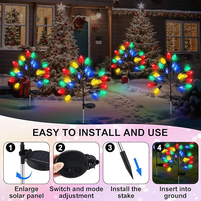2 Pcs Christmas Solar Pathway Lights Outdoor Decorations 28" Christmas Stake Lamp Yard Waterproof 8 Modes 20 LED Pine Cones Tree for Walkway Path Garden Patio Decor
