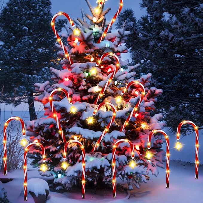 12 Pack Outdoor Christmas Decorations Solar Candy Cane Lights Solar Christmas Pathway Lights Outdoor Waterproof | Lumora