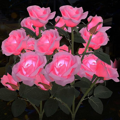 Solar Rose Lights Outdoor, 2 Pack with 14 Rose Flowers Waterproof Color Changing LED Flower Lights, Solar Powered Garden Stakes for Yard, Patio, Pathway Decor - Artificial Floral Decorative Lighting