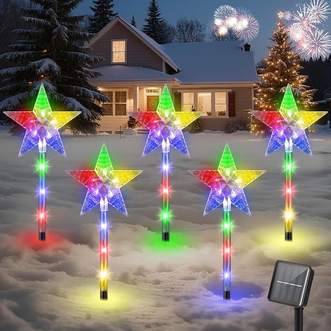 Luxspire Christmas Pathway Lights Outdoor, 5 Pack Solar Walkway Light Waterproof & Auto On/Off, Outdoor Christmas Decorations for Holiday Garden Patio Lawn Yard, Star + Colorful Light