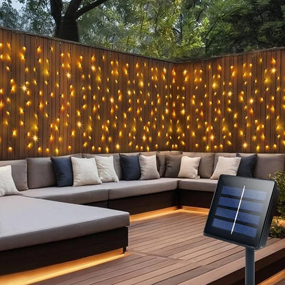 DBFAIRY Solar Curtain Lights, 13Ft x 3.3Ft 200 LED Outdoor Curtain Lights Waterproof Auto ON/Off 8 Modes for Garden Fence Patio Wall Decor (Warm White)