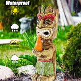 13" Tall Solar Torch Tiki Garden Statue, Resin Large Tiki Decor Figurine with Solar Lights, Hawaiian Tiki Man | Lumora