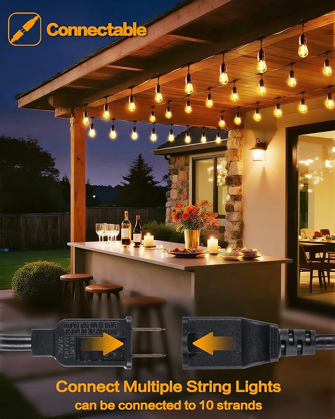Outdoor String Lights,Super Bright LED - 96FT 30 S14 Bulbs(2 Spare), IP65 Waterproof, Commercial Grade & Shatterproof, Dimmable, UL Listed for Patio, Porch, Backyard, Gazebo (2 Pack 48FT)