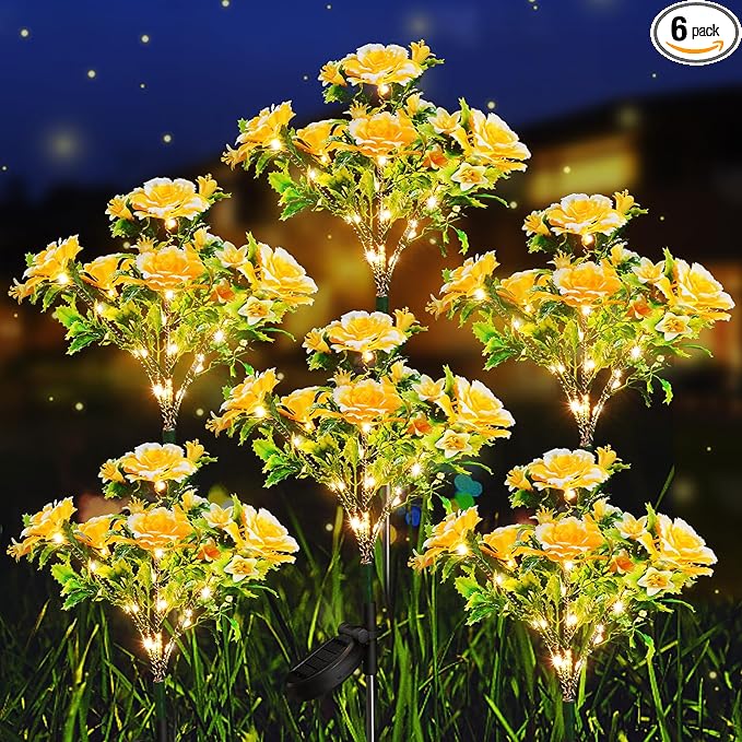 Neporal Solar Flowers Outdoor Garden Waterproof IP65, 7-Stems Yellow Carnation Solar Decorative Lights Outdoor for Outdoor Garden, Yard, Patio, Outdoor Decoration, 6PK