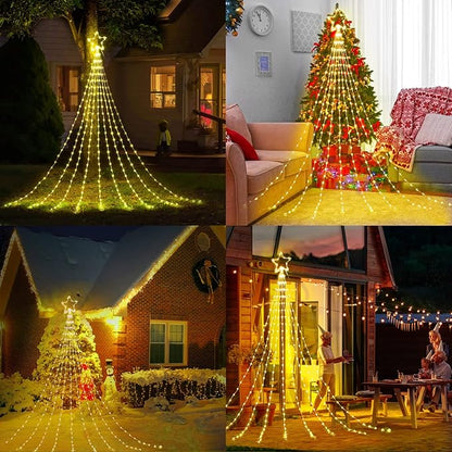 Christmas Decorations Star String Lights - 344 LED 11.8ft 9 Strands Waterfall Tree Lights with Topper Star, 8 Lighting Modes Christmas Lights Indoor Outdoor Decorative for Wedding Yard Party Home