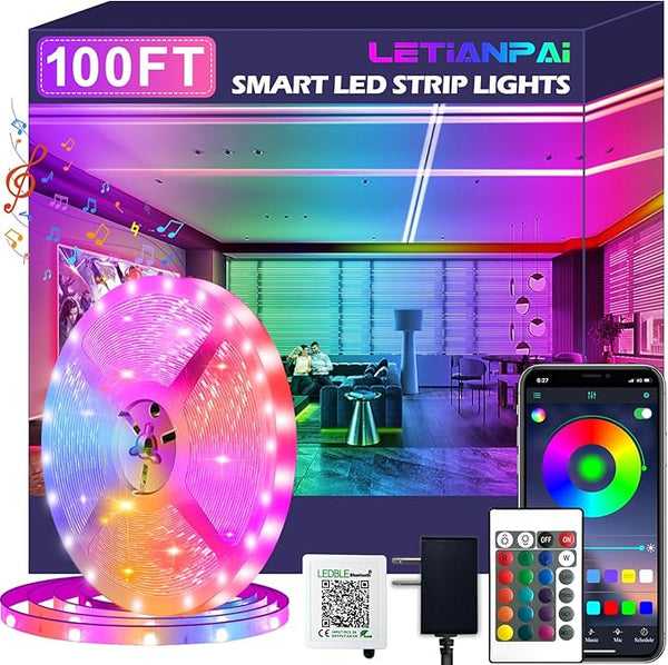 100ft Led Strip Lights,Long Smart Led Light Strips Music Sync 5050 RGB Color Changing Rope Lights,Bluetooth APP/IR | Lumora