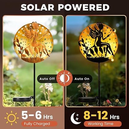 Fairy Garden Solar Lights Outdoor Disk Silhouette Stakes, Waterproof Outdoor Metal Decor Gifts for Women Mom, Art Cut-Out Disk Fairy Sculpture for Yard, Patio, Garden, Porch, 1 Pack