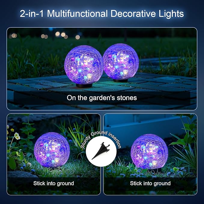 2 Pack 60LED Solar Globe Lights Outdoor Waterproof 4.7in Cracked Glass Solar Balls Lights for Outside Yard Pathway Patio Lawn Landscape Decor Ground for Christmas Holiday Decor w/ Box ( Glass White)