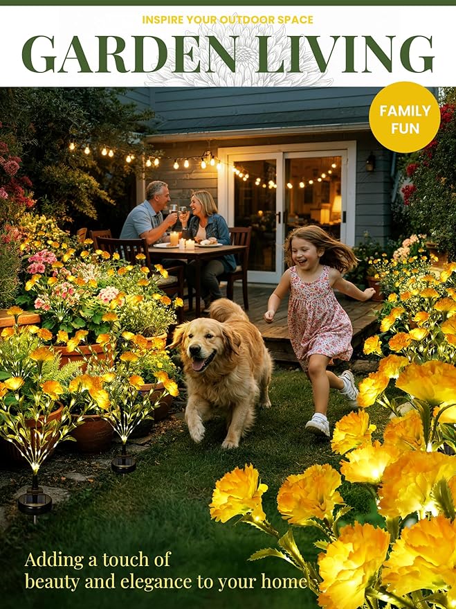 GIGALUMI Solar Lights Outdoor for Garden Decor, 4 Pack Solar Flower Lights Waterproof, 2 Lighting Modes 28 Carnation Flowers for Pathway,Yard, Patio Decoration, Gardening Gifts for Women (Yellow)
