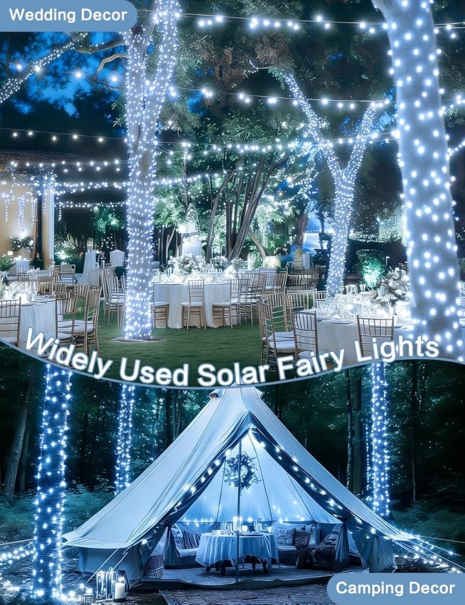 Solar String Lights Outdoor, 2-Pack Each 72FT 200 LED Solar Christmas Twinkle Lights Outside Waterproof Copper Wire with 8 Modes Solar Fairy Lights for Garden Tree Birthday Christmas Decor(Cool White)