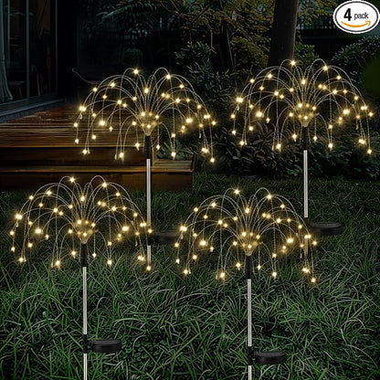 Lewondr Firework Solar Garden Lights 4 Pack, 120 LED Solar Firework Lights with 8 Lighting Modes, Waterproof Sparkler Starburst Solar Lights Outdoor for Yard Porch Patio Backyard, Warm