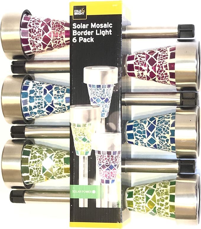 Cole & Bright Solar Mosaic Garden Lights – 6-Pack Outdoor Stake Lights with 360° LED Glow, Stainless Steel, Multi-Color Glass Design