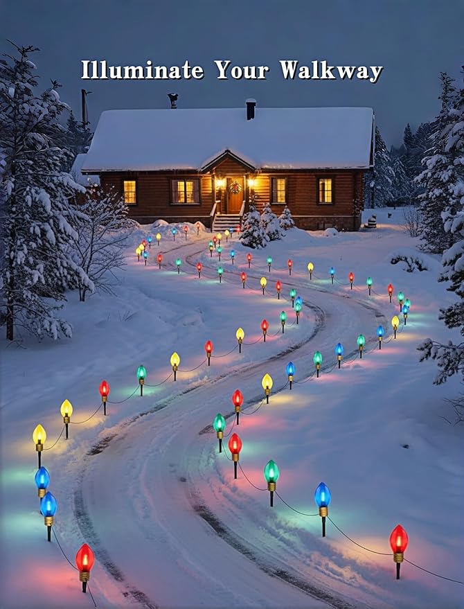 2 Pack 7FT LED Jumbo C9 Christmas Lights Pathway,4 Christmas Walkway Lights with Pathway Marker Stakes,Jumbo Clear Multicolor Big Light Bulb for Driveways Garden Holiday Christmas Decor