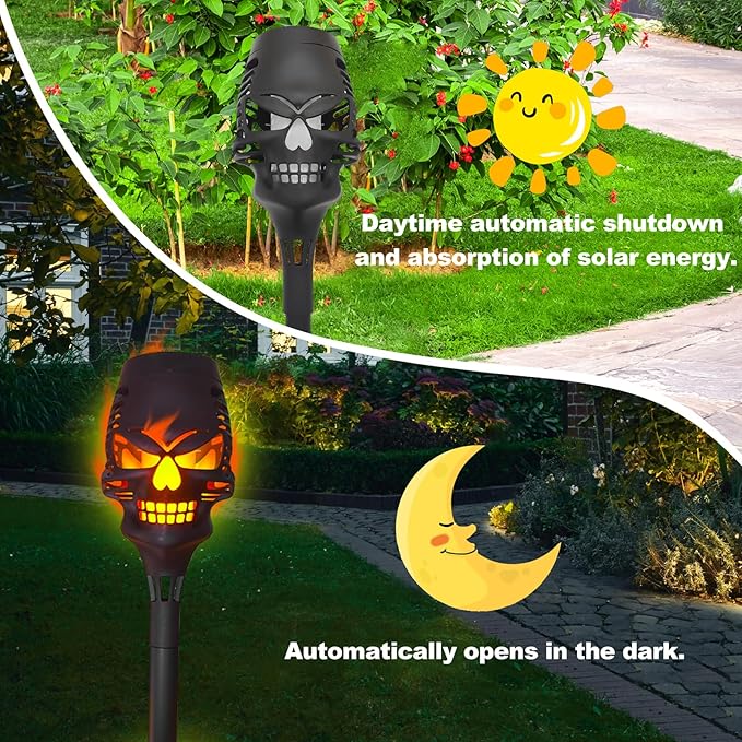 4 Pack Solar Halloween Lights Outdoor,Skull Light,Solar Torch Light with Flickering Flame,Waterproof LED Flame Lights,for Halloween Decor Patio Yard Path,Outdoor Landscape Lighting and Et Cetera.