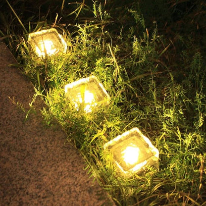 4 Pack Solar Path Ice Cube Lights Outdoor, Waterproof Glass LED Glass Clear Brick in-Groud Buried Festive Light Night Lamp for Garden Courtyard Pathway Patio Pool Pond Decoration(Warm White)