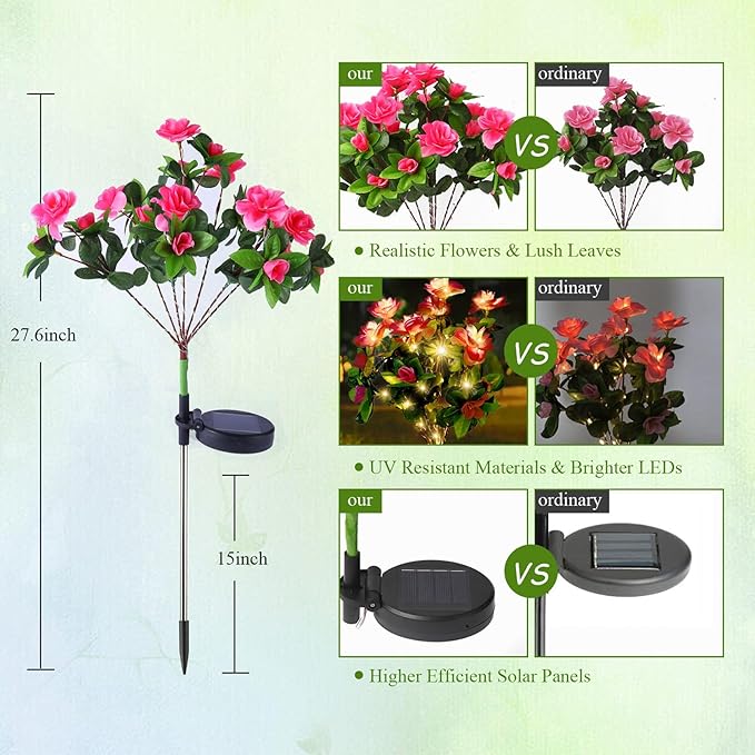 AMARS 4 Pack Solar Garden Lights Outdoor Decor, Waterproof Solar Powered Warm White Lights with Colorful Artificial Azalea Flowers for Yard, Pathway, Patio, Porch, Lawn Decorations