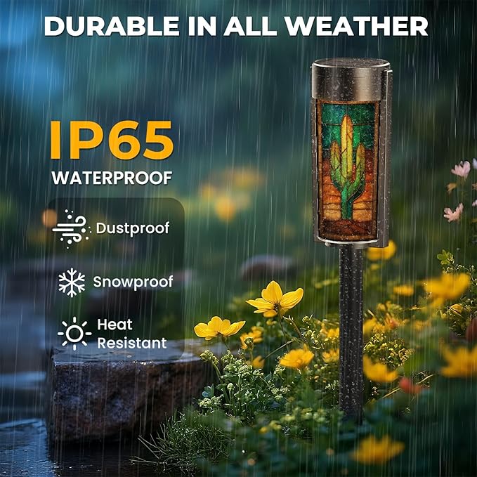 8 Pack Solar Pathway Lights Outdoor Waterproof Southwest Cactus Stained Glass Vibrant Sunset Western Art Solar Garden Lights LED Landscape Lighting for Yard Walkway Lawn Garden Decor