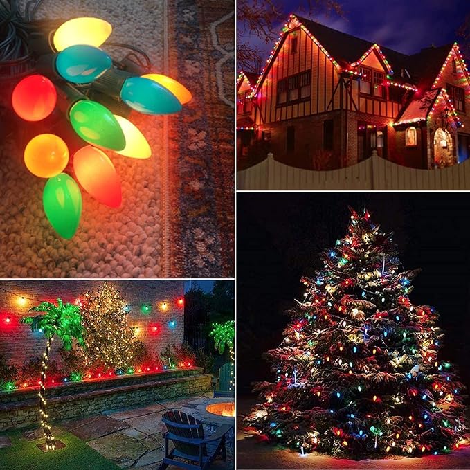 C7 LED Christmas Lights Multicolor, 25Ft Outdoor Vintage Christmas Lights with 27 0.6W Ceramic Multicolor LED Bulb (2 Spare), Halloween Indoor Outdoor Halloween Patio Backyard Party Decor