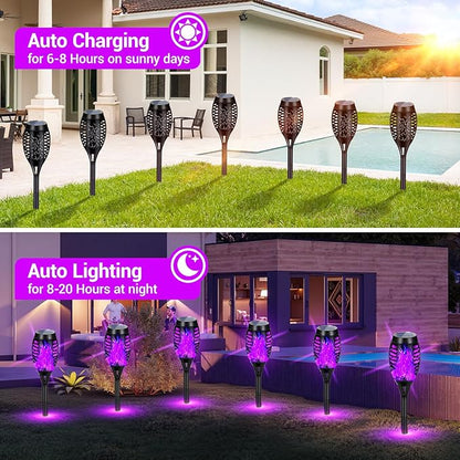 Solar Lights Outdoor Halloween Decorations, Upgraded 4 Pack Purple Solar Torch Lights with Flickering Flame, Waterproof Halloween Lights Outdoor, Tiki Torches for Outside Patio Pathway Decor