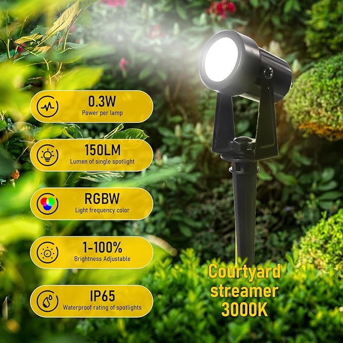 Solar Powered Landscape Spotlights, 4-Pack with Remote Control, Black, IP65 Waterproof, 270° Adjustable Head, RGBW, 150LM, 3000K, Outdoor Garden Path Lights with 3W Solar Panel