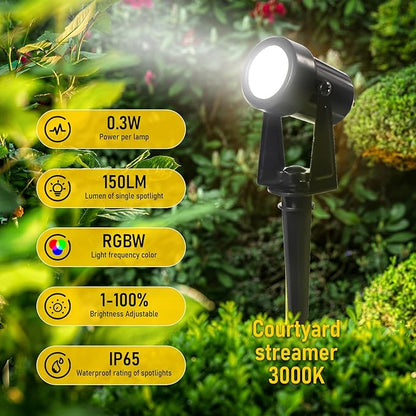 Solar Powered Landscape Spotlights, 4-Pack with Remote Control, Black, IP65 Waterproof, 270° Adjustable Head, RGBW, 150LM, 3000K, Outdoor Garden Path Lights with 3W Solar Panel