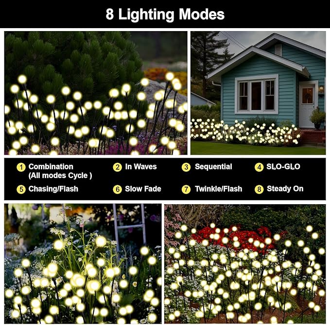 Swaying Solar Firefly Lights Outdoor, 8 Modes 800mAh Firefly Swaying Solar Garden Lights Waterproof for Outside Plant Yard Patio Pathway Christmas Garden Decor Flashing Warm White(4 Pack)