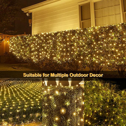 echosari Solar Net Lights Outdoor, 100 LED 5Ft x 5Ft Bush Net Light Outdoor Mesh Lights Auto On/Off 8 Modes for Tree Fence Backyard Bush Decor (Warm White)