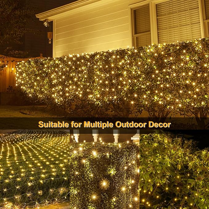 echosari Solar Powered Net Lights 200 LED 9.8Ft x 6.6Ft Bush Light Dark Green Wire Auto On/Off 8 Modes Outdoor Mesh Lights for Bushes Shrubs Lawn Decor(Warm White)