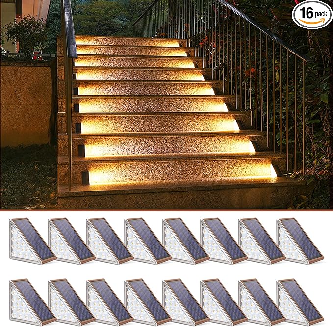 NIORSUN Outdoor Stair Lights 16 Pack, Solar Step Lights IP67 Waterproof with 13 Bright LEDs, 3000K Warm White, Auto | Lumora
