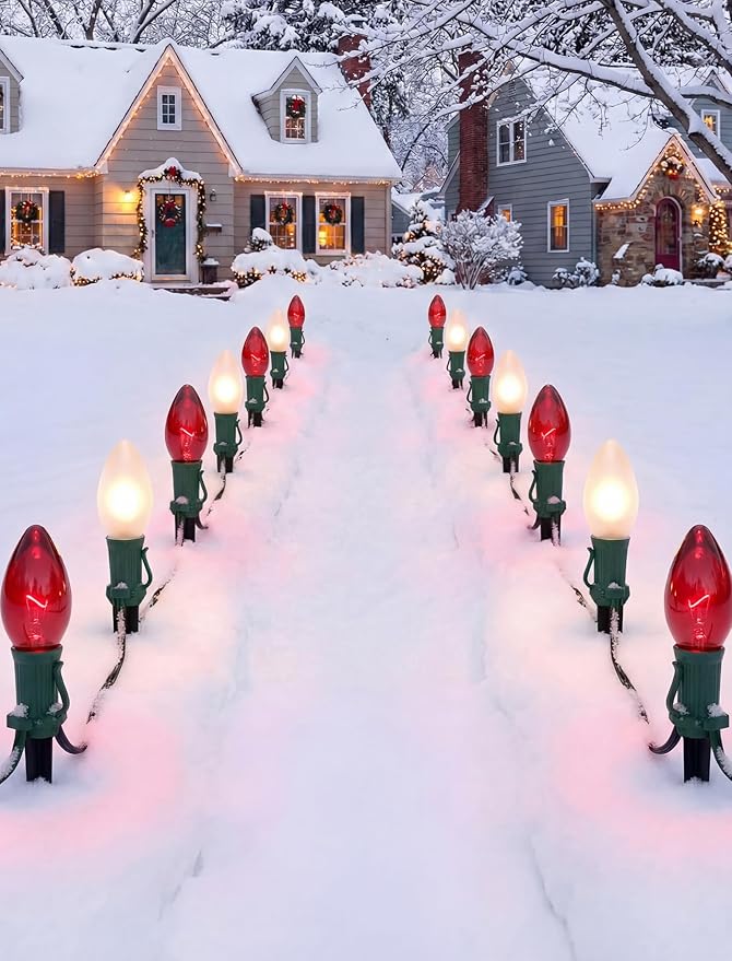 25Ft C9 Christmas Lights Outdoor, Vintage Multicolor String Lights with 26 C9 Clear Red/Frosted White Bulbs for Christmas Tree, Roofline, Garden, Patio, Cafe, Xmas Decorations