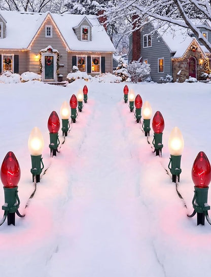 25Ft C9 Christmas Lights Outdoor, Vintage Multicolor String Lights with 26 C9 Clear Red/Frosted White Bulbs for Christmas Tree, Roofline, Garden, Patio, Cafe, Xmas Decorations