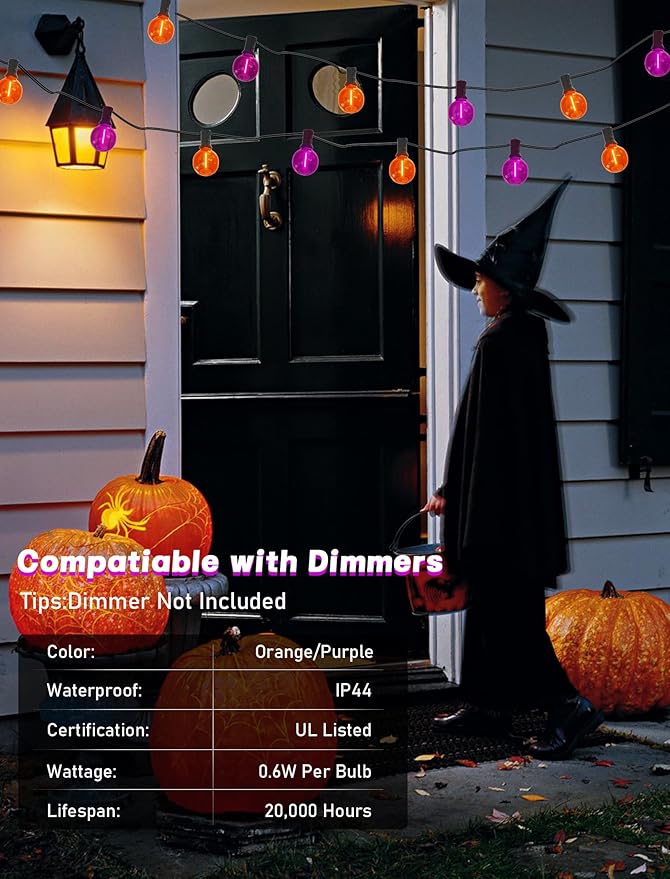 SUNSGNE G40 LED Halloween String Lights Outdoor 50FT Halloween Globe Lights with 27 LED Shatterproof Clear Orange | Lumora