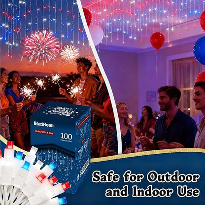 LED Christmas Lights, 100 LED Icicle Lights on 7FT with 4 Inch Spacing - 5MM Wide Angle Red & White & Blue Bulbs, IP68 Waterproof & ETL Certified for Outdoor/Indoor