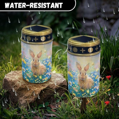 HUGS IDEA Cute Bunny Cemetery Solar Lights for Grave Floral Grave Decor Garden Ornaments Waterproof Solar-Powered Lights for Serene Yards, Patios & Spring Memorials