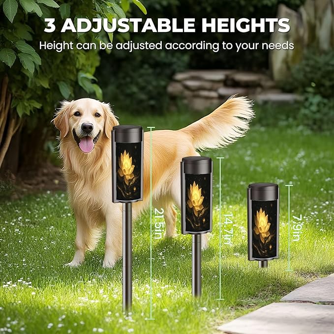 4 Pack Solar Pathway Lights Outdoor Waterproof Black Gold Lotus Flower Yellow Golden Floral Glowing Petals Sparkles Solar Garden Lights LED Landscape Lighting for Yard Walkway Lawn Garden Decor