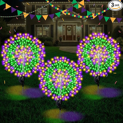 3 Pack Mardi Gras Solar Firework Lights 120 LED 8 Modes Waterproof Multicolor Mardi Gras Solar Stake Lights Outdoor Landscape Lamp for Garden Yard Patio Pathway Lawn Carnival Decoration