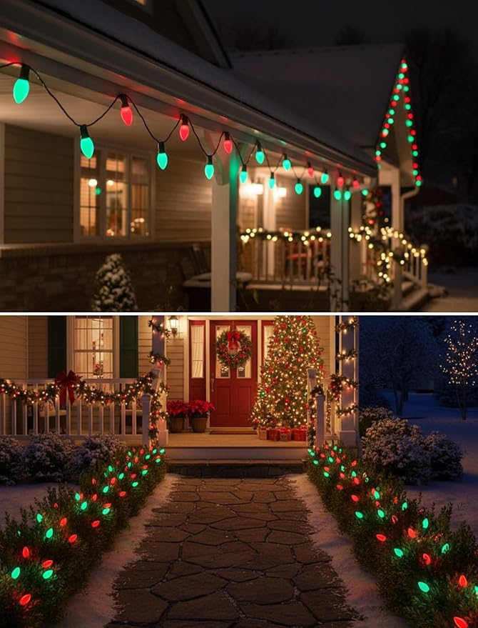 C7 Outdoor Christmas Lights - 25ft Red and Green Christmas Lights with 27 Ceramic Bulbs(2 Spare), Waterproof Extendable Christmas Tree Lights for Indoor Party Backyard Xmas Light,Green Wire