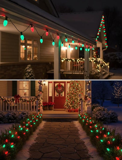 C7 Outdoor Christmas Lights - 25ft Red and Green Christmas Lights with 27 Ceramic Bulbs(2 Spare), Waterproof Extendable Christmas Tree Lights for Indoor Party Backyard Xmas Light,Green Wire