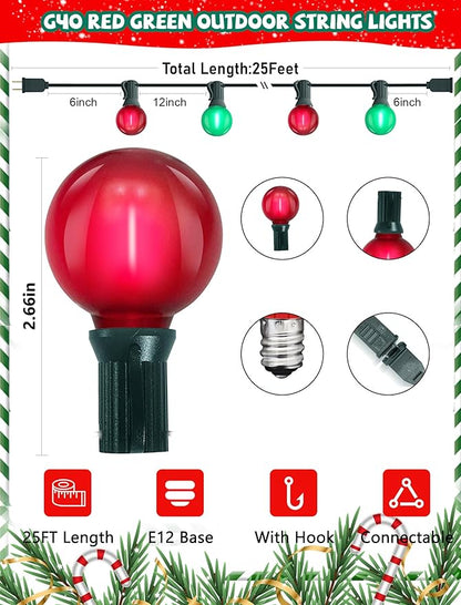 25Ft LED Christmas Outdoor String Lights, G40 Globe String Lights with 27 0.6W Red Green Bulbs, Vintage Christmas Lights for Holiday Party Backyard Wedding Garden Patio Porch Decor