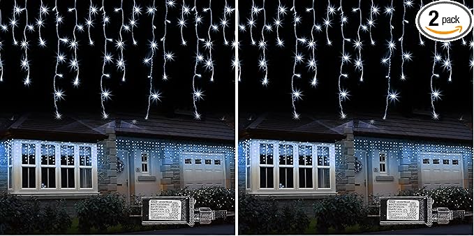 Dazzle Bright 360 LED Christmas Icicle Lights, 29.5 FT 8 Modes Curtain Fairy Lights with 60 Drops, Connectable Xmas String Lights for Outside Holiday Wedding Party Decorations (White) (Pack of 2)