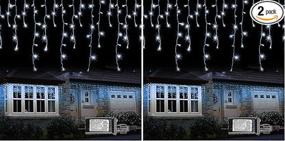 Dazzle Bright 360 LED Christmas Icicle Lights, 29.5 FT 8 Modes Curtain Fairy Lights with 60 Drops, Connectable Xmas String Lights for Outside Holiday Wedding Party Decorations (White) (Pack of 2)