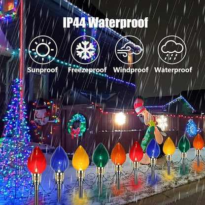 Christmas Pathway Lights Outdoor 17.3Ft 10 LED Mini Colored Bulb Lights and 10 Stakes, Connectable Driveway Christmas Light for Yard Patio Walkway Xmas Outdoor Decorations