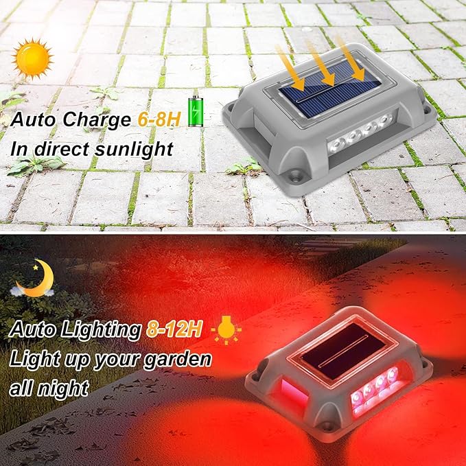 T-SUN Solar Deck Lights Outdoor 12 Pack, Red LED Driveway Deck Light Dock Marine Waterproof Driveway Marker Lights for Step Sidewalk Stair Garden Pathway Walkway Yard