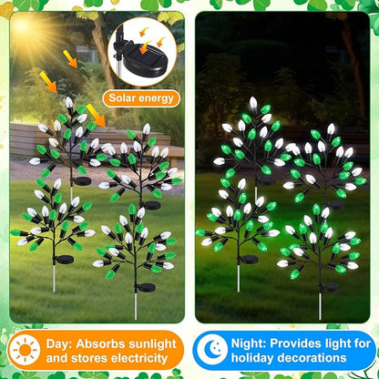 4 Pcs ST Patricks Day Solar Pathway Lights Outdoor Decorations 28" Irish Shamrock Stake Light Waterproof Yard 8 Modes 80 LEDs Green White Tree for Walkway Path Garden Patio Decor