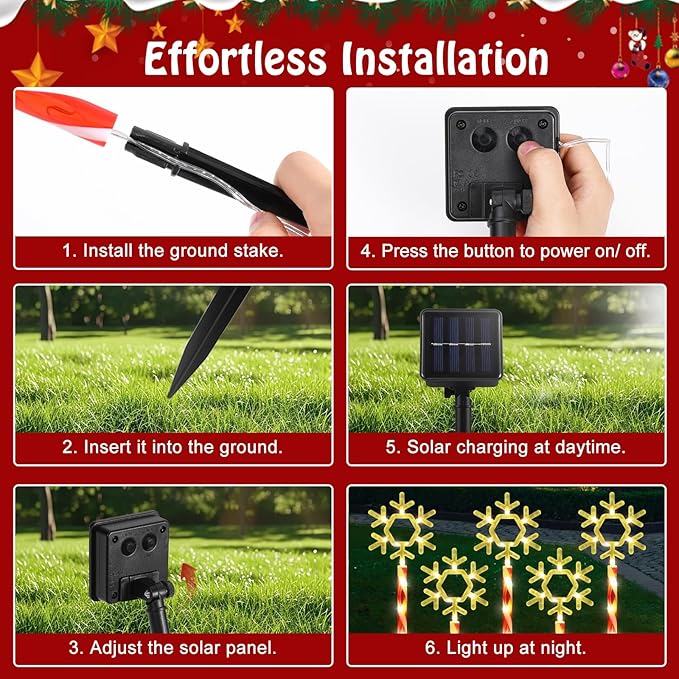 Lewondr Solar Christmas Pathway Lights, 5 PCS Solar Christmas Decorations Outdoor with 2 Lighting Modes, Clear Snowflake Lights with Red Pole and Garden Stake, Waterproof Yard Lawn Patio Holiday Decor
