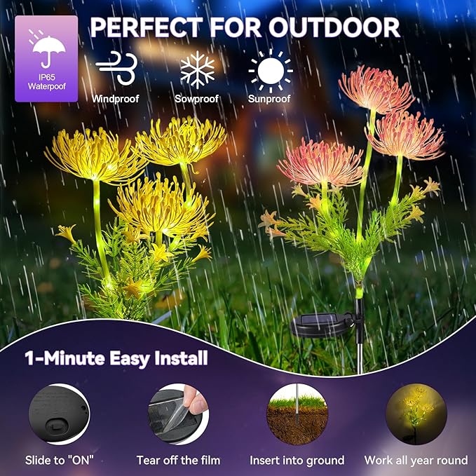 Neporal Solar Flowers Outdoor Waterproof,Romantic Warm Light with 2 Lighting Modes, Solar Outdoor Lights Decorative for Garden, Yard, Backyard Decor 4-Pack Yellow & Pink Combo