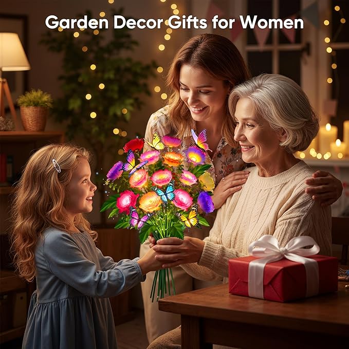 Solar Flowers Lights Outdoor Waterproof: 6 Pack LED Solar Lights Decorative for Outside Garden Decor with Butterfly Auto-On/Off for Yard Landscape Lighting, Gifts for Mom Gardening Enthusiasts