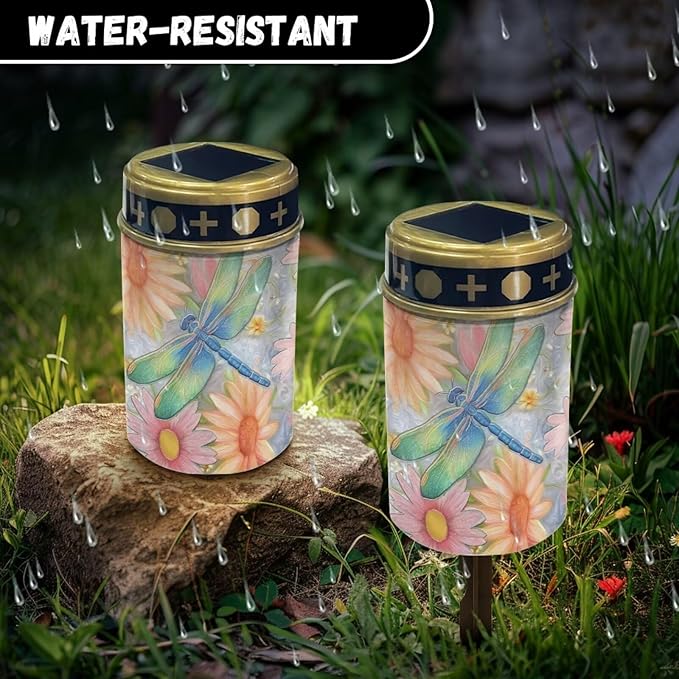 Outdoor Solar Garden Lights,Waterproof Solar Outdoor Lights for Cemetery Grave Garden Patio Yard Lawn Decoration-Dragonfly Print