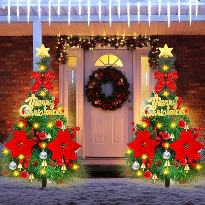 2 Pack 30 inch Solar Xmas Tree Light Outdoor Tree with 30 LED Lights, Pinecones, Star and Bells, Waterproof Christmas Pathway Light Solar Christmas Decorations for Yard Garden Lawn Walkway